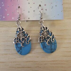 Floral Vine Ornate Teardrop Blue Turquoise Earrings.